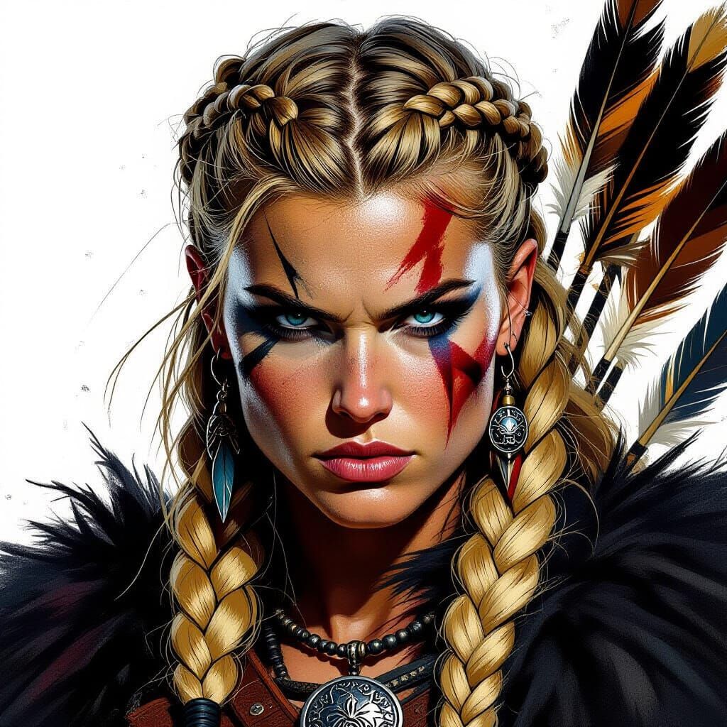 Viking Warrior Woman with Braids, Black and White Art