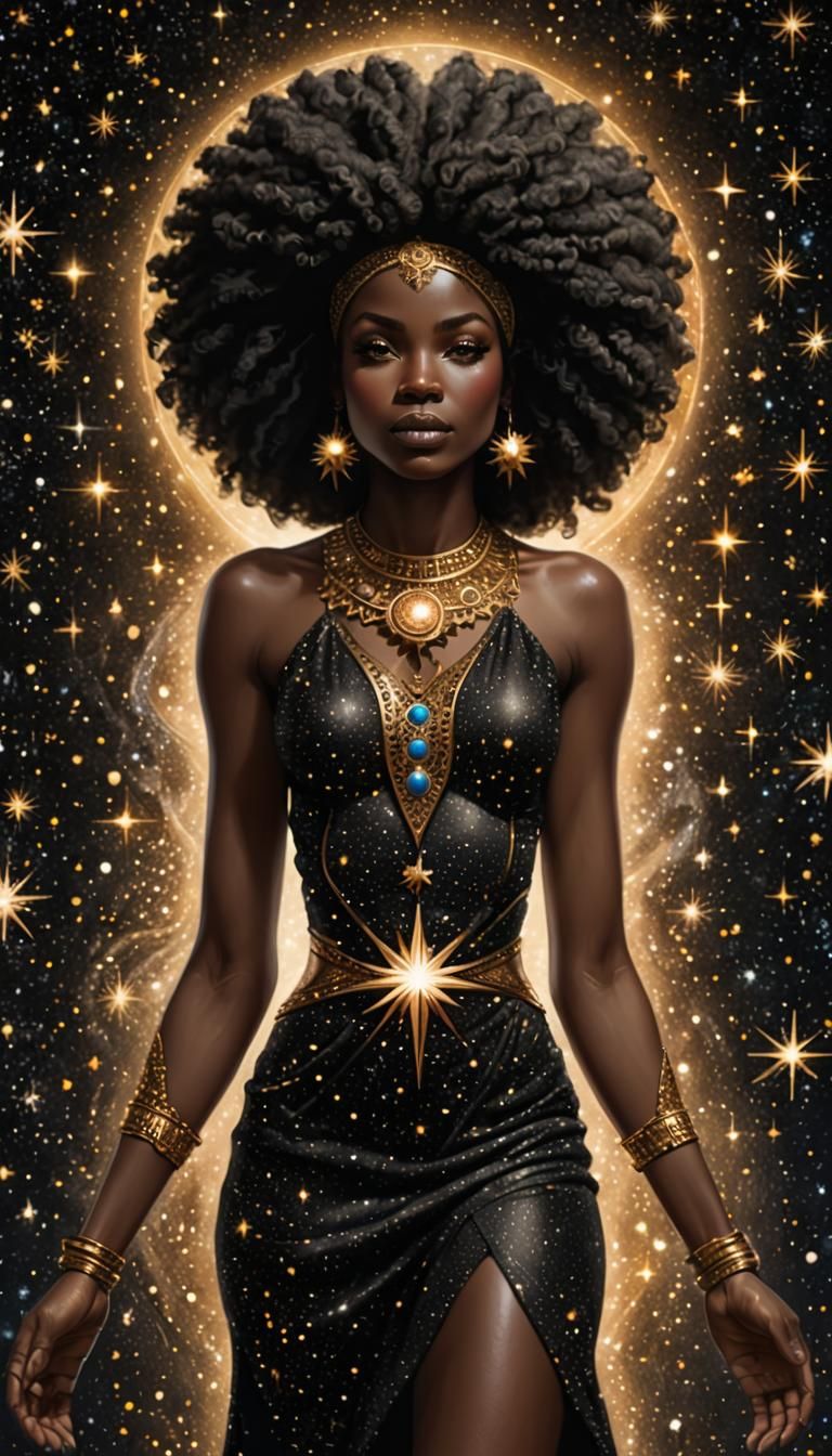 Celestial Afro Woman with Shiny Skin