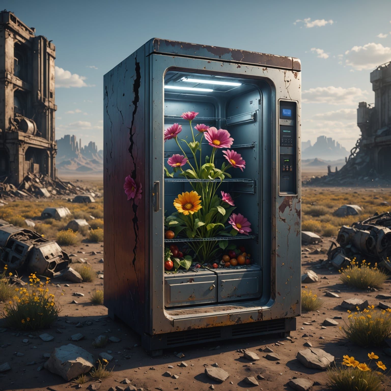 Wasteland Refrigerator with Flower, Detailed Matte Painting