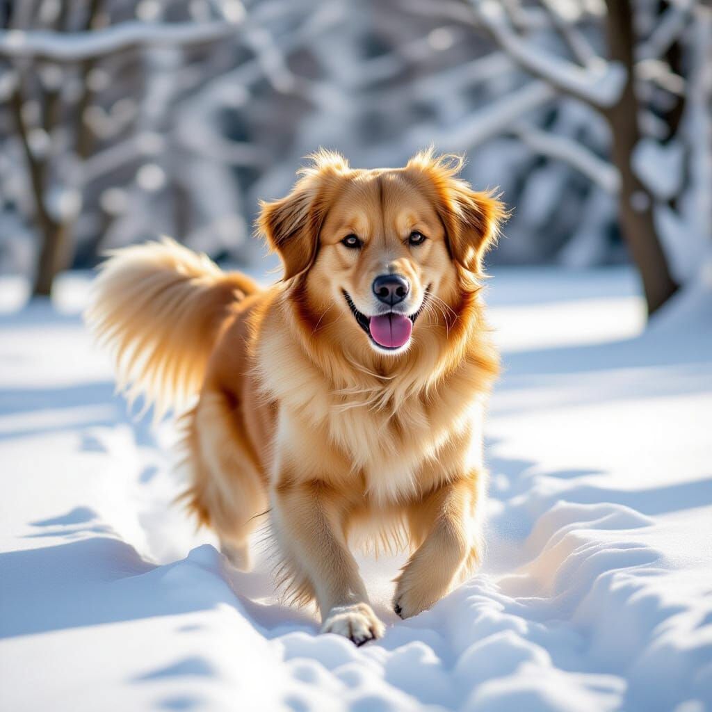 Golden Retriever Plays in Snowy Landscape, Impressionist Sty...