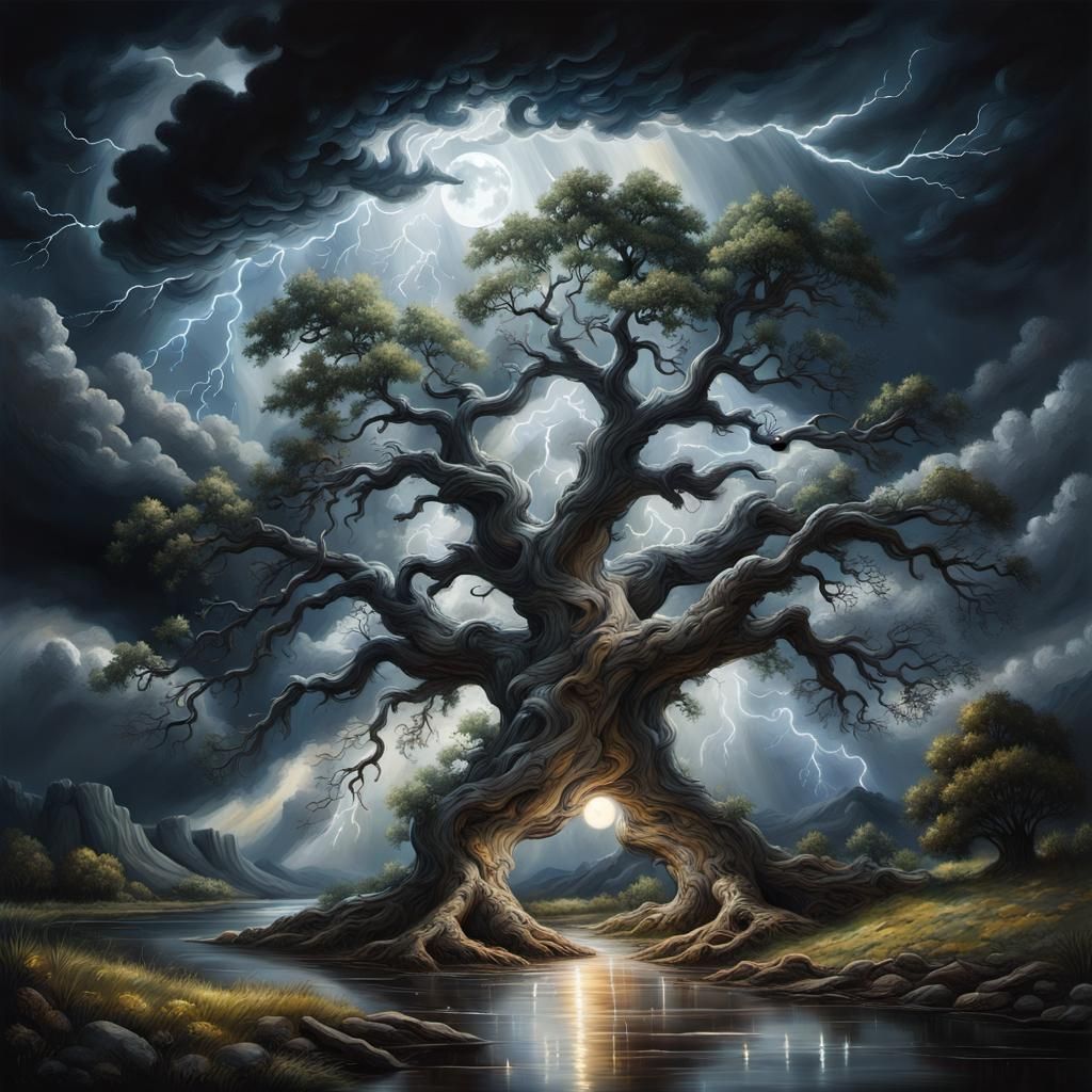 Moonlit Oak Tree Portal Under Storm Clouds