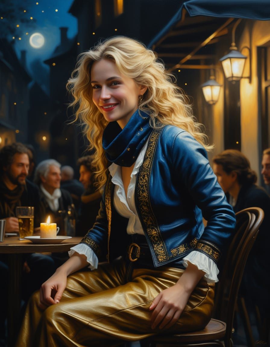 Petite Woman in Candlelit Cafe at Night, Rembrandt-Inspired ...