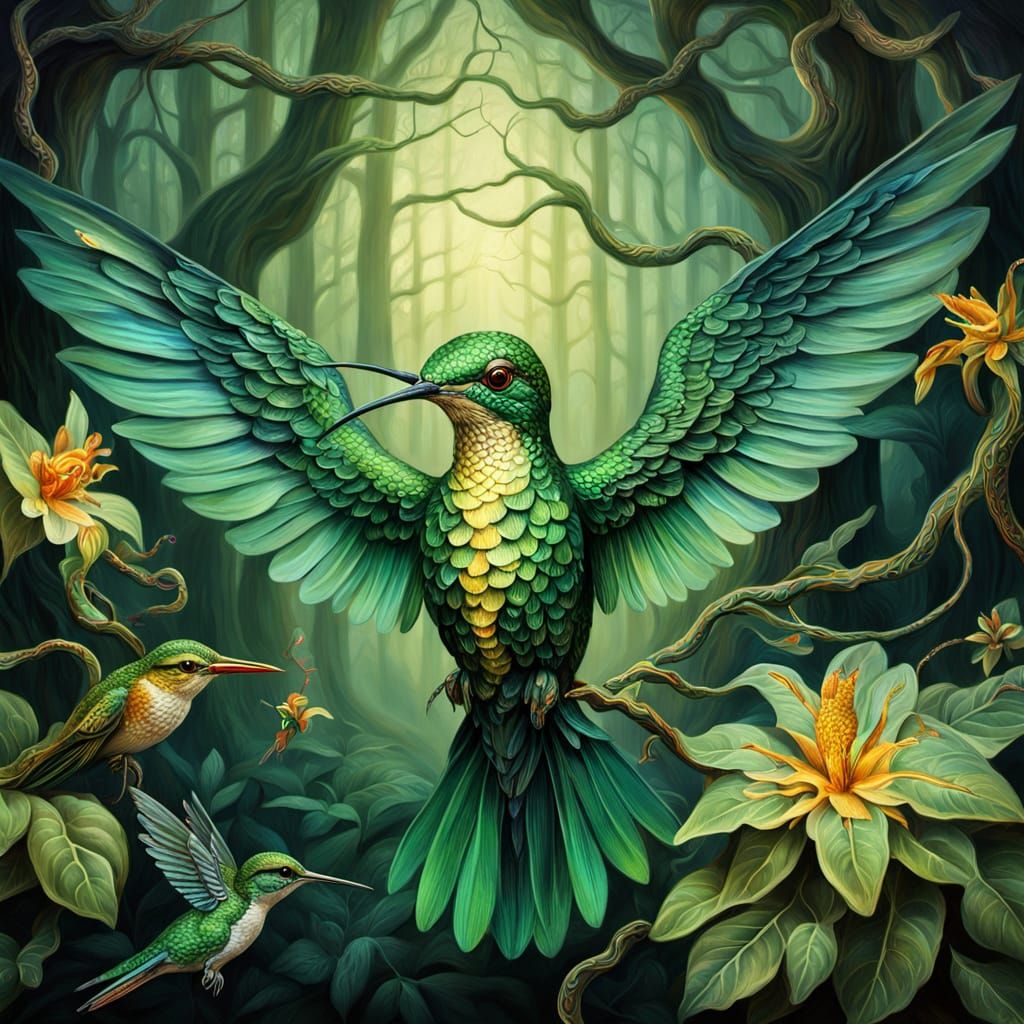 Medusa and Hummingbird in Surreal Forest Oil Painting