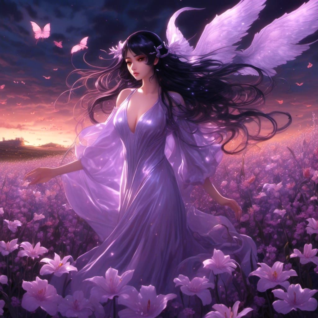 Elegant Demon Girl in Lilac Night Field