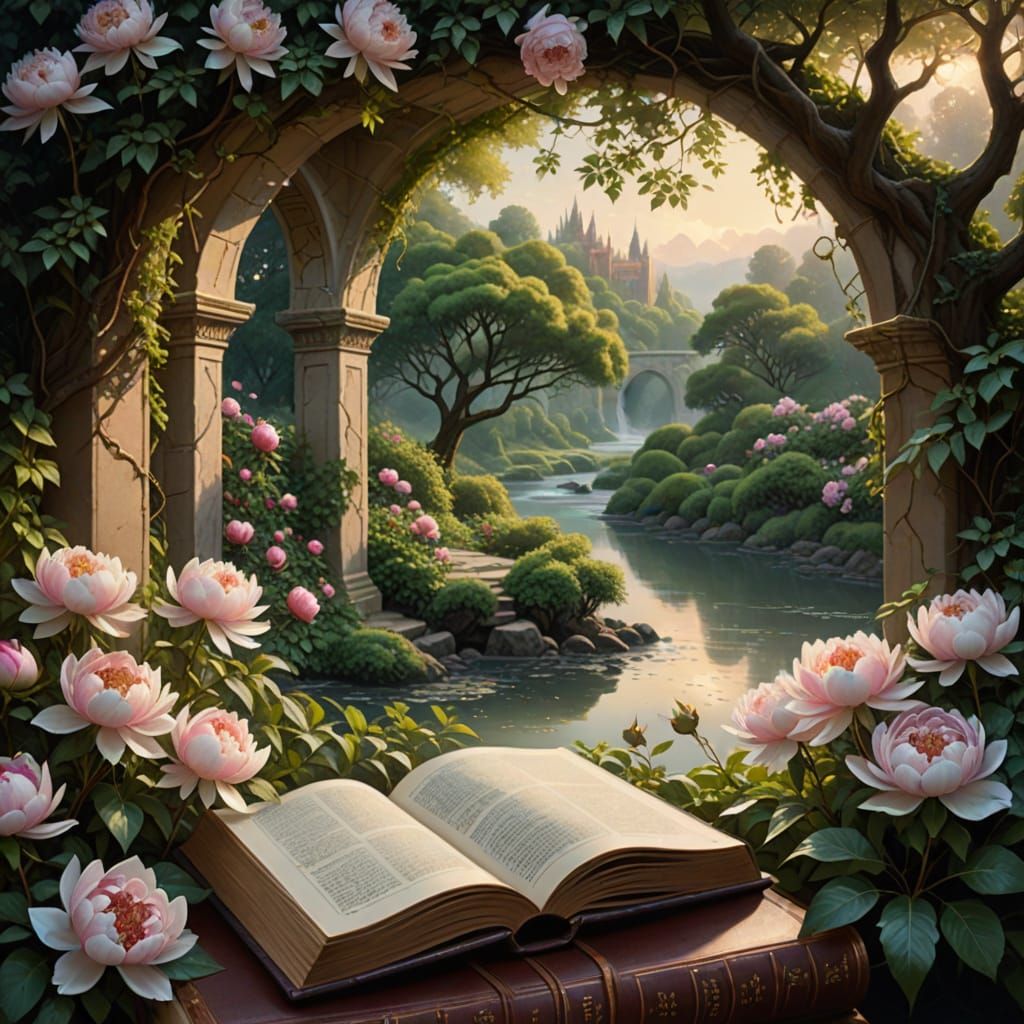 Ancient Leather-Bound Book in Enchanted Landscape