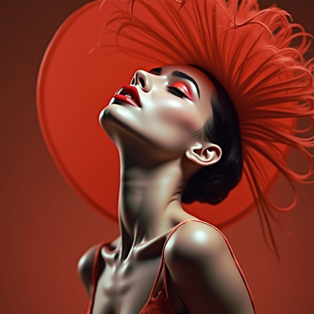 Black and White Portrait of Woman with Crimson Streak and Ar...