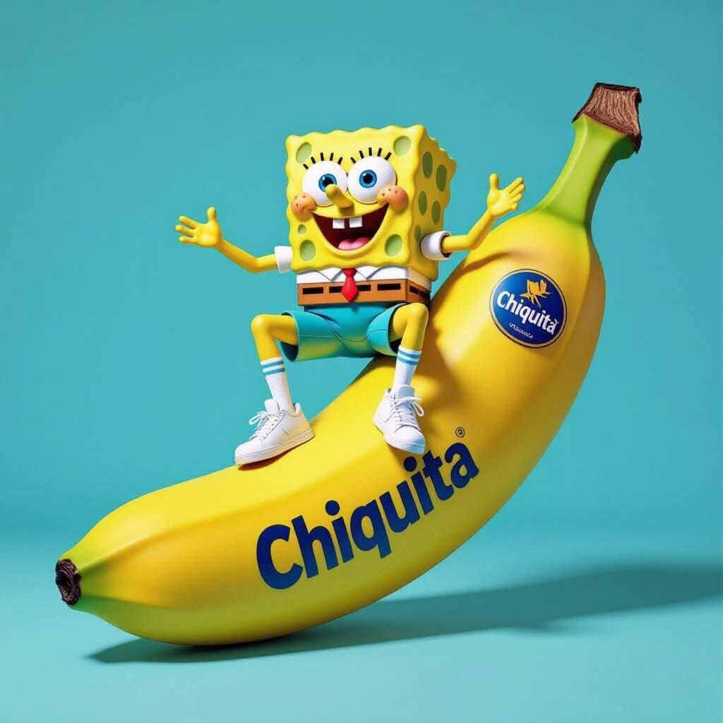 SpongeBob SquarePants Poses on Giant Banana in Studio Photo