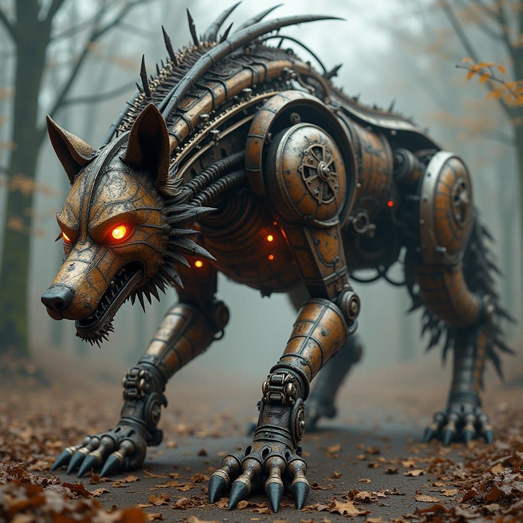 Industrial Horror Mechanical Wolf with Steampunk Furnace
