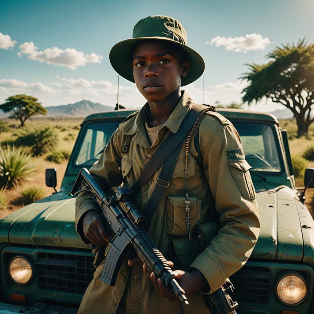 Epic Cinematic Scene of a Black Child Soldier in a Desolate ...
