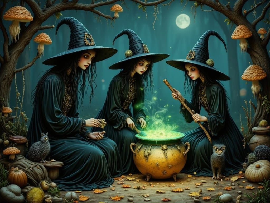 Three Witches Around a Cauldron in a Mystical Forest