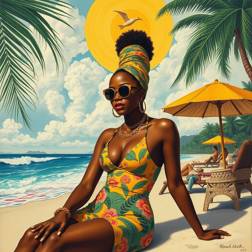 Glamorous Woman Amidst Tropical Splendor in a Vibrant Cyberp...