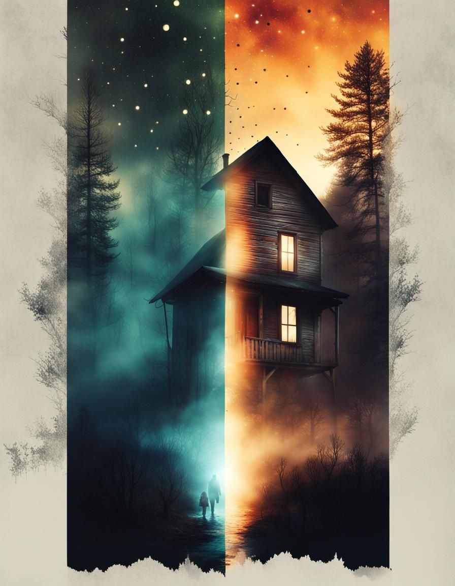 Double Exposure: Fearful Face in Haunted Village