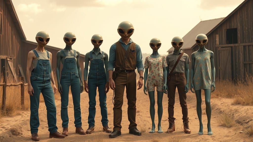 Rural Country Folk Meet Elegantly Alien Visitors in Sepia To...