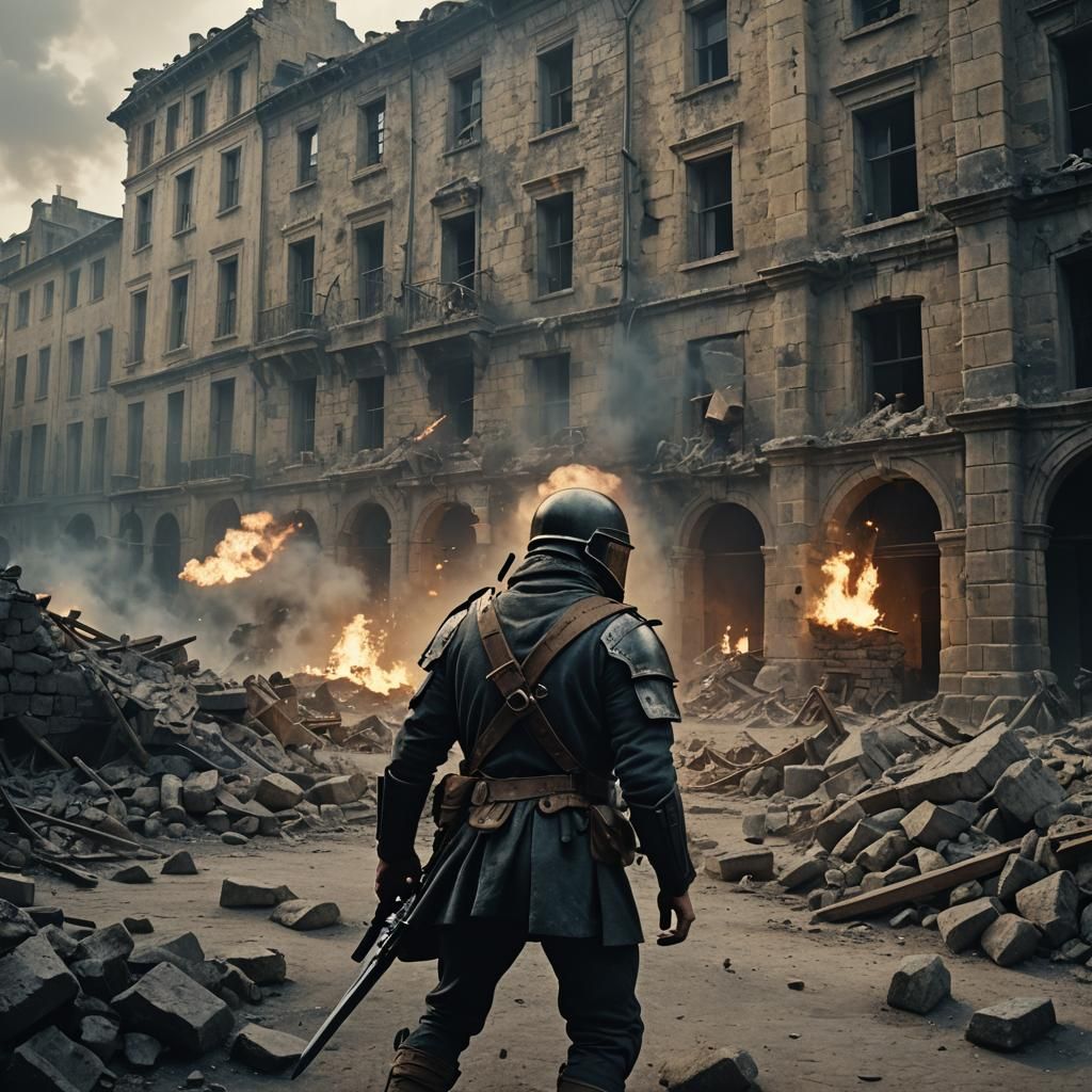 Warship Breaks Through Stone Walls in a Battle-Scarred City