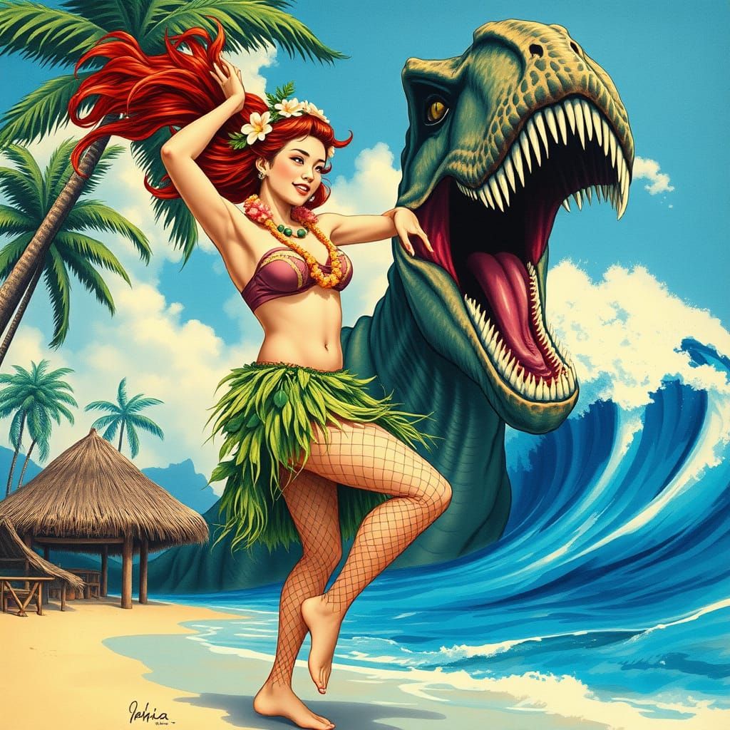 Tyrannosaurus Rex Attack in Hokusai Print Style