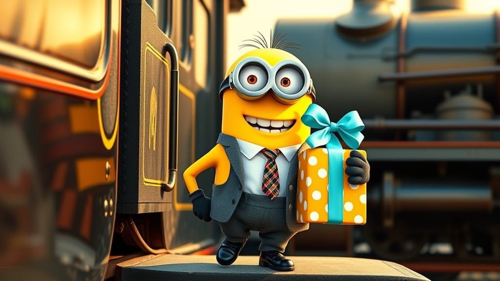 Whimsical Yellow Minion Steps Off Vintage Train with Birthda...