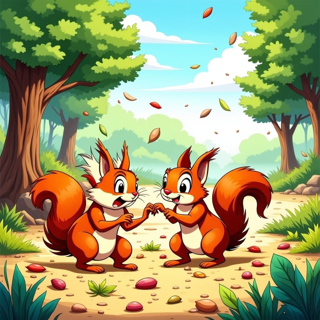 Whimsical Squirrels in Chaos: A Vibrant Cartoon Scene