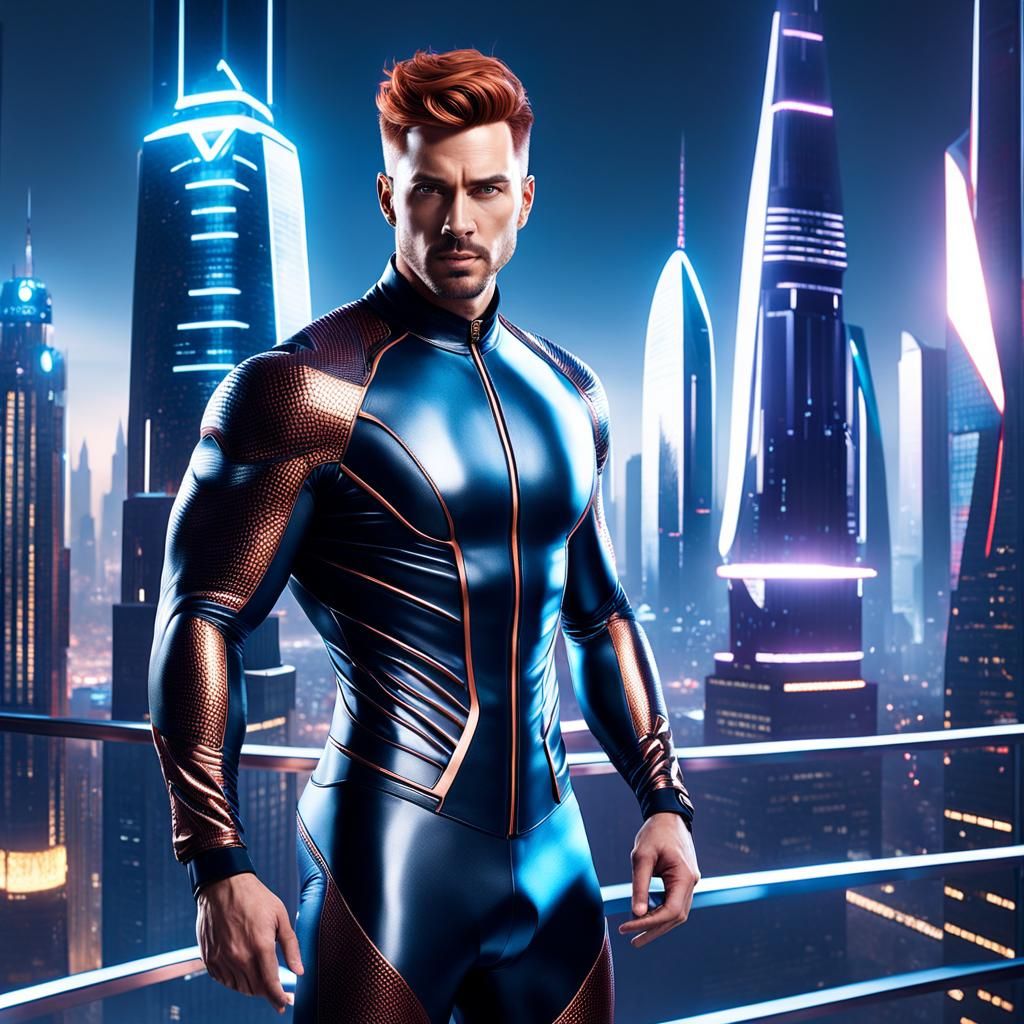Hyperrealistic Man in Lycra Suit with City View