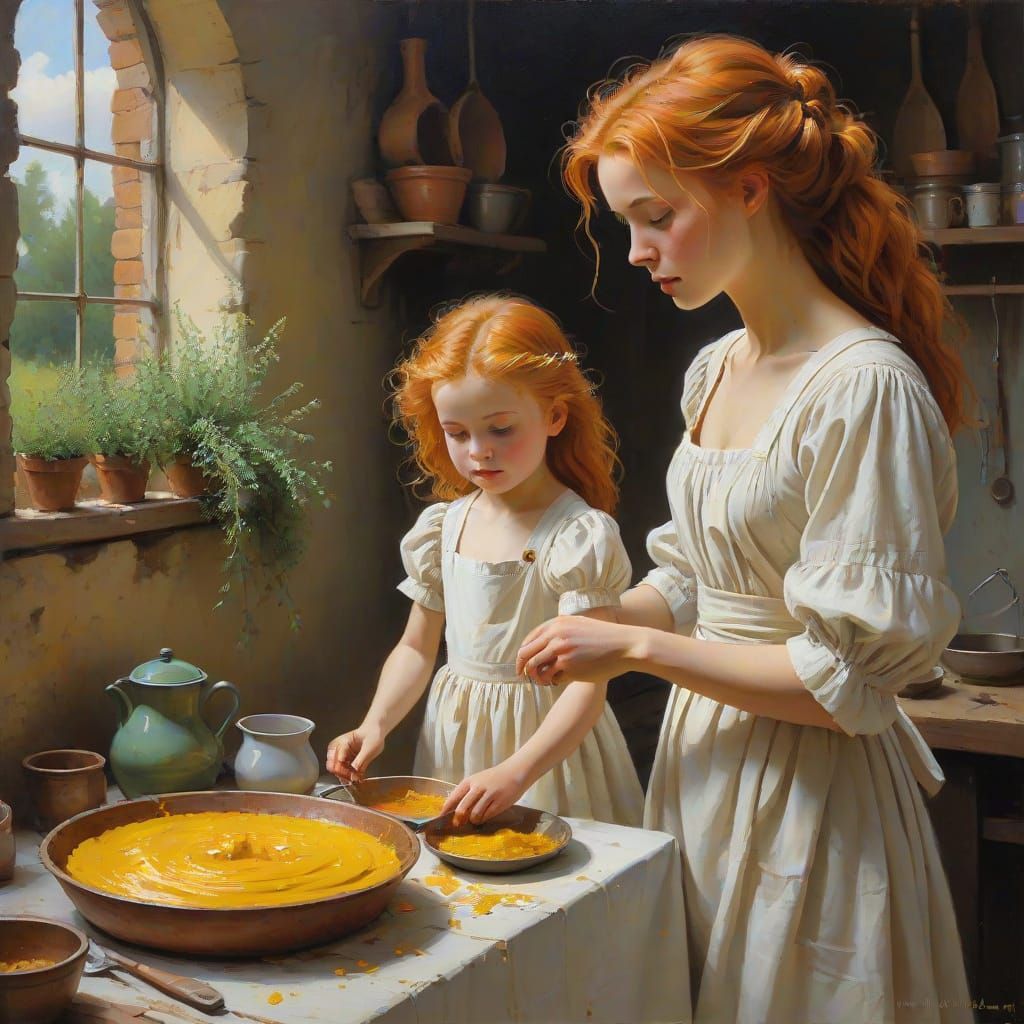 Mother and Child in a Cozy Countryside Kitchen