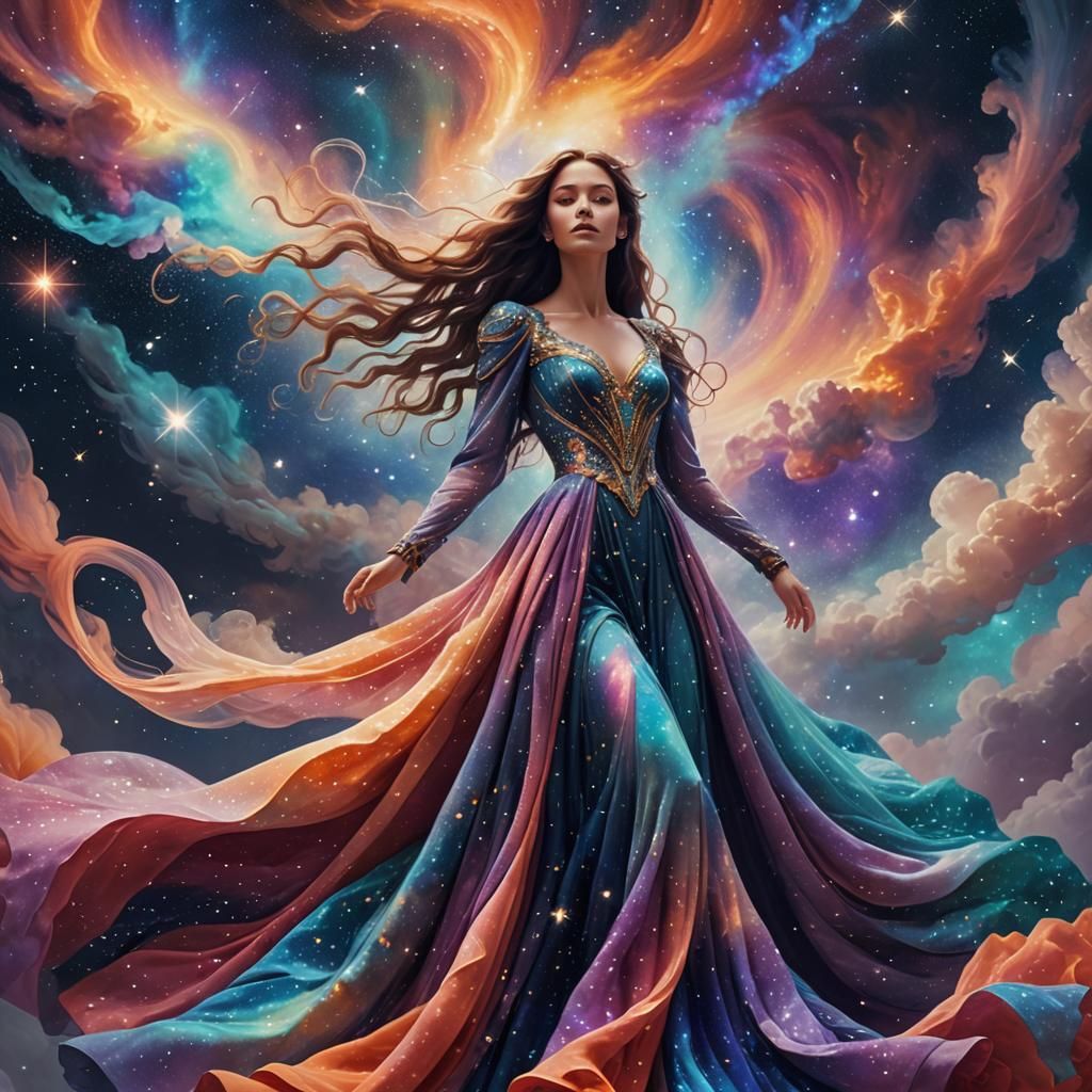 Celestial Woman in Star Gown Amidst Nebula