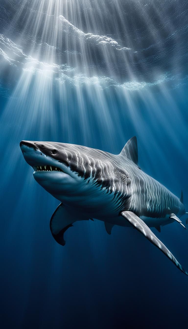 Sunlit Shark Patrolling Ocean Waves