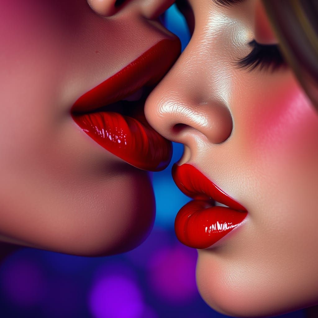 Romantic French Kiss in Hyperrealistic Style