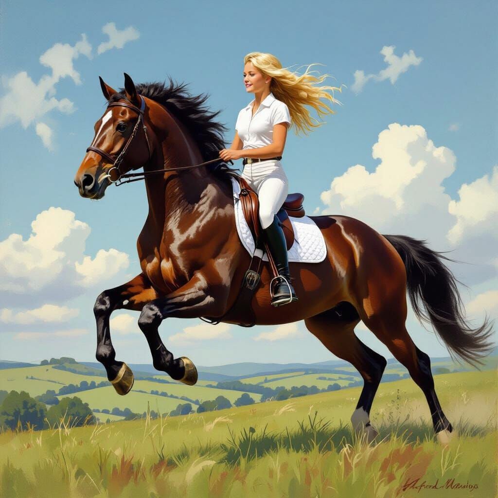 Girl Rides Brown Horse Over Green Hills