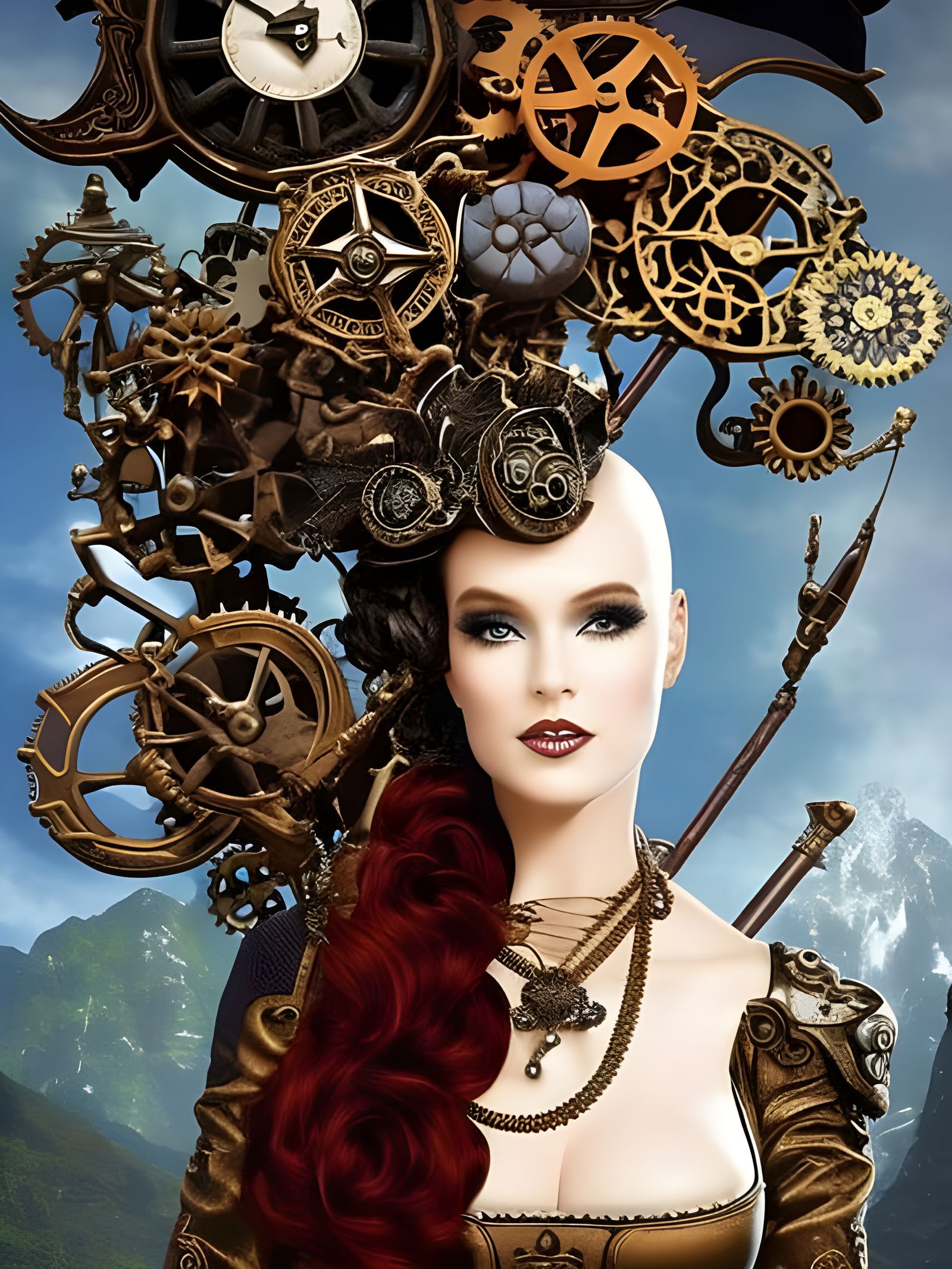Steampunk Goddess with Gears in Mystical Setting