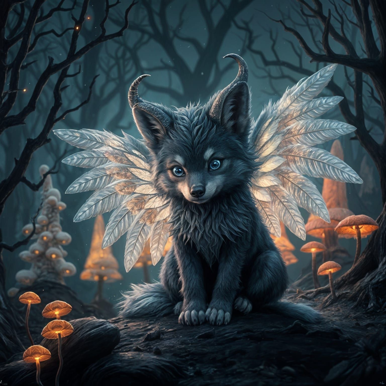 Surreal Wolf Pup in a Dark Fantasy Landscape