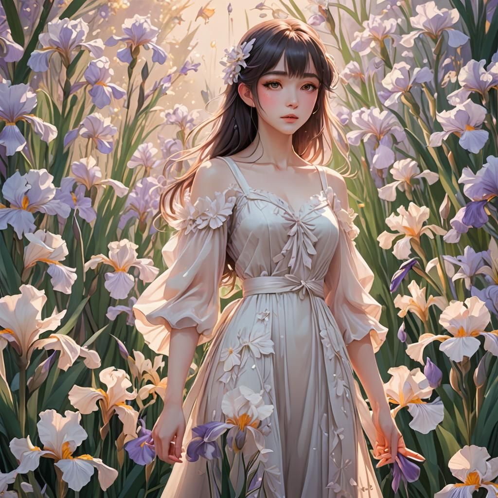 Dreamy Pastel Anime Art with Delicate Petals and Elegant Fab...