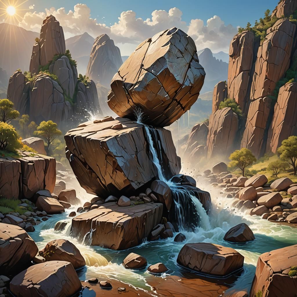 Balanced Boulder in Arid Landscape: Hyperrealistic Splash Ar...