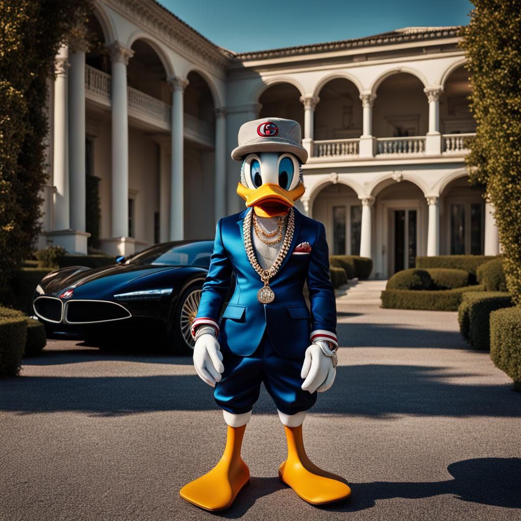 Donald duck dressed in Gucci tracksuit, bling diamond neckla...