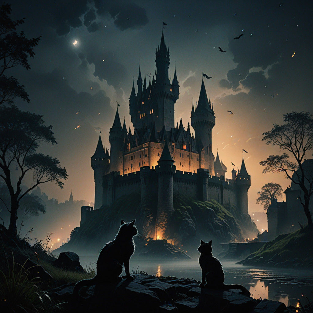 Epic Gothic Knight and Feline Companion Amidst Ruins