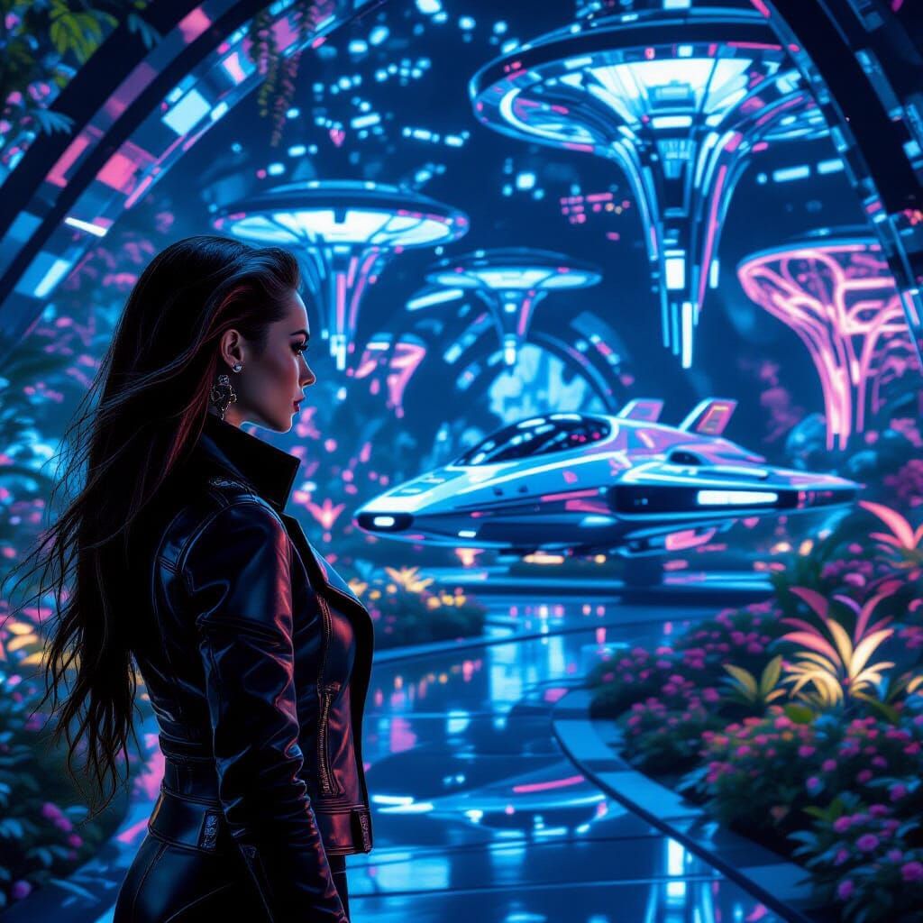 Cybernetic Woman in Futuristic Garden, Cinematic Film Still