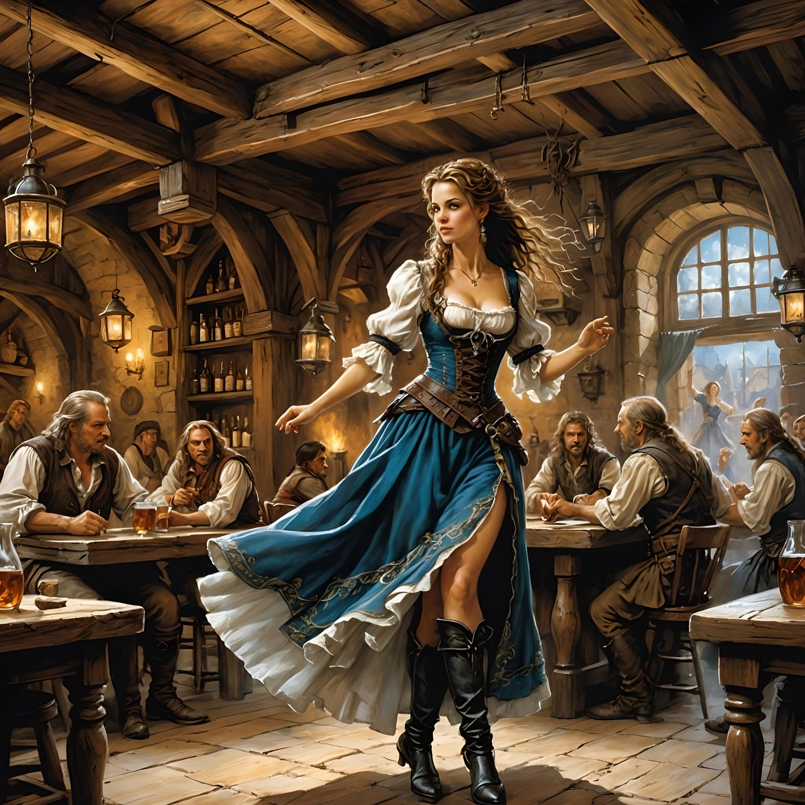 Tavern Wench Dancing: Colorful Comic Book Illustration