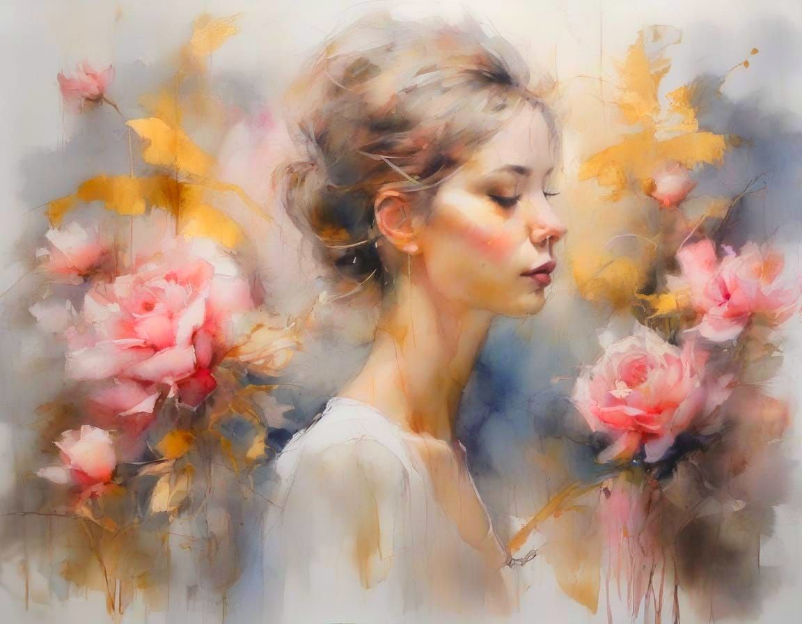 Ethereal Watercolour Garden Blossoms in Pink and Gold