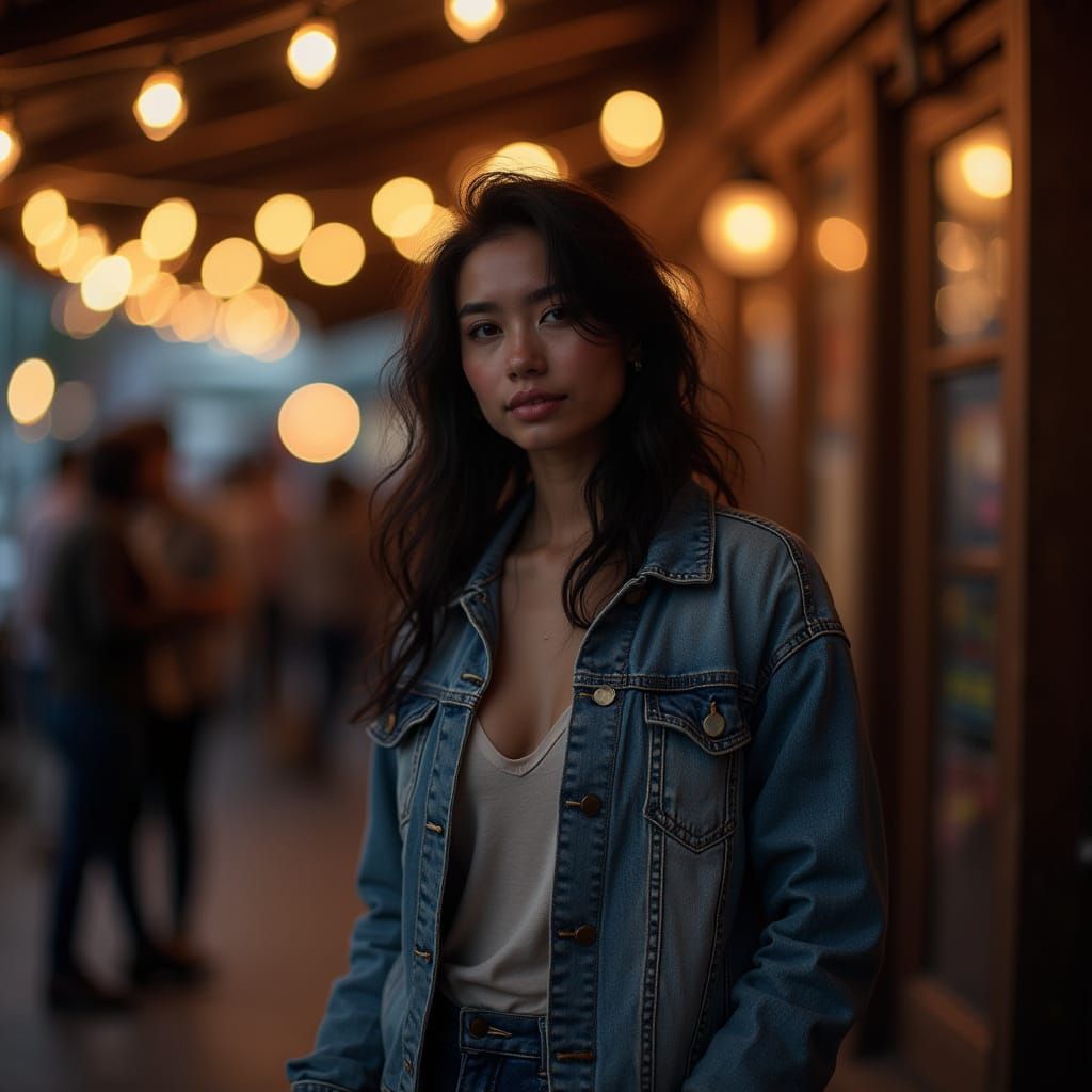 Realistic Photo of Woman in Denim Jacket Outside Bar