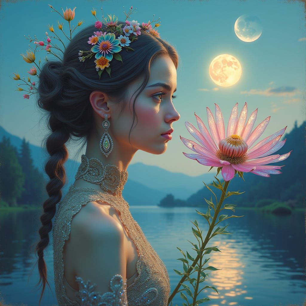 Ethereal Woman Amidst Alien Bloom and Crescent Moons