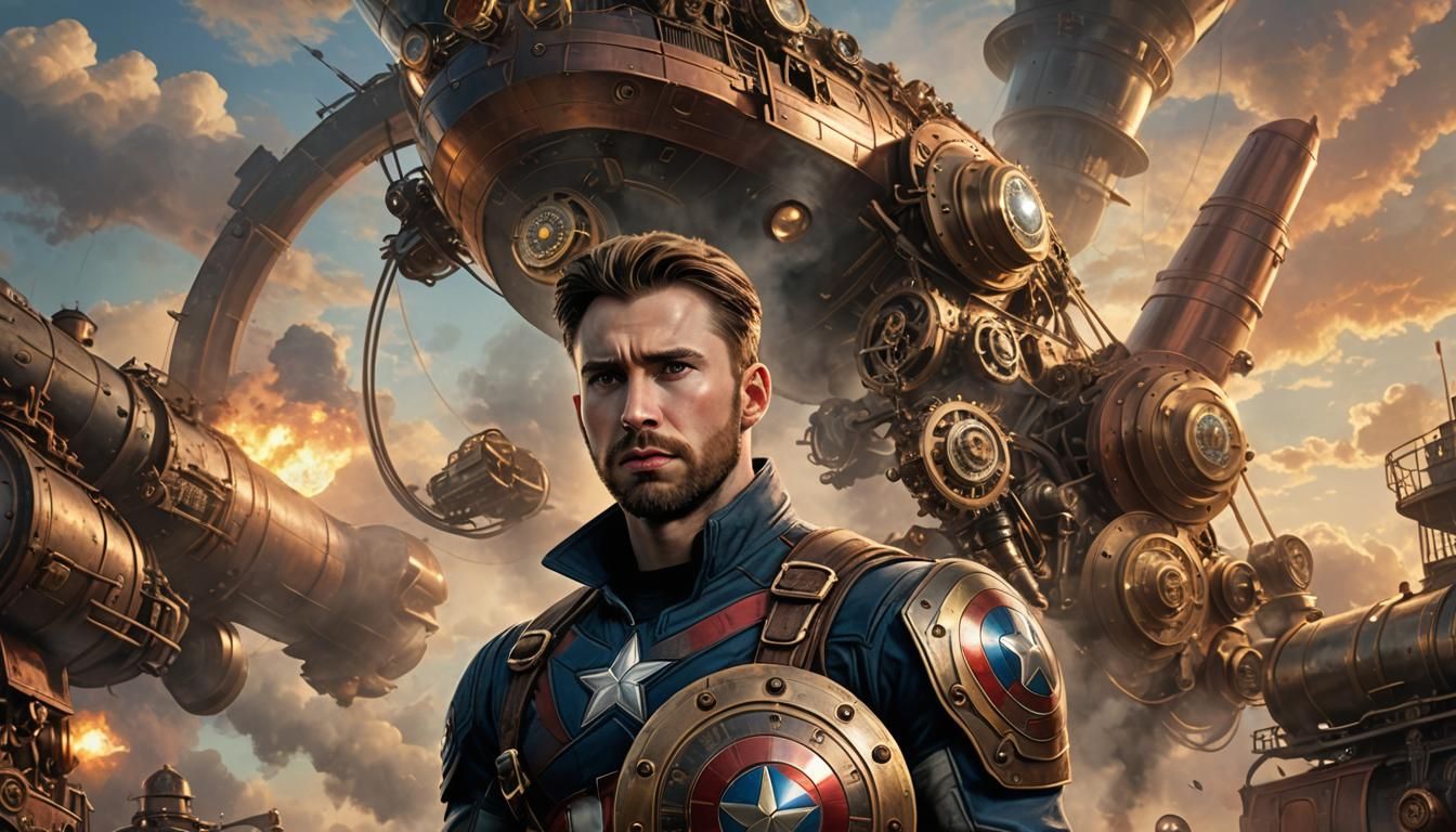 Steampunk Captain America with Airship in Background