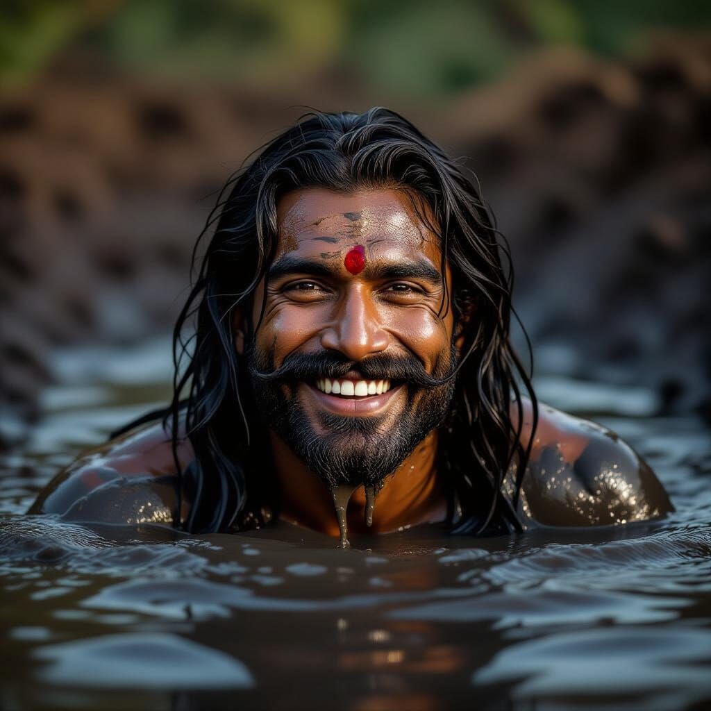 Joyful Man Bathes in Deep Black Mud