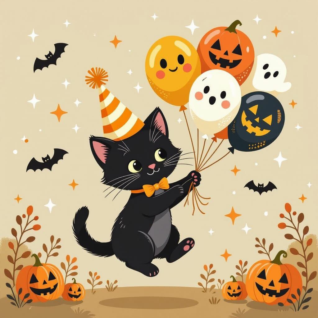 Cute Kitten Floats with Halloween Balloons