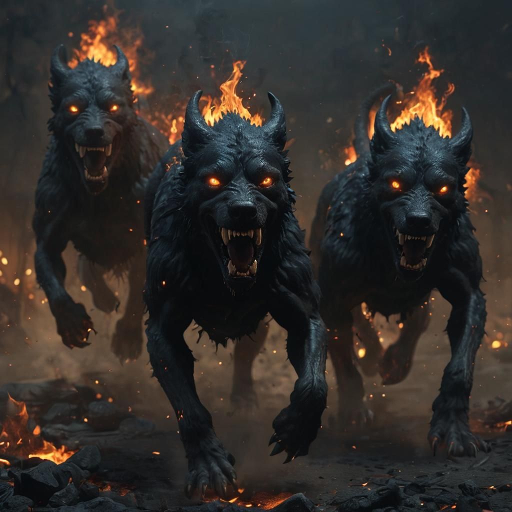 Three-Headed Hellhounds Emerge in Fiery 3D Animation