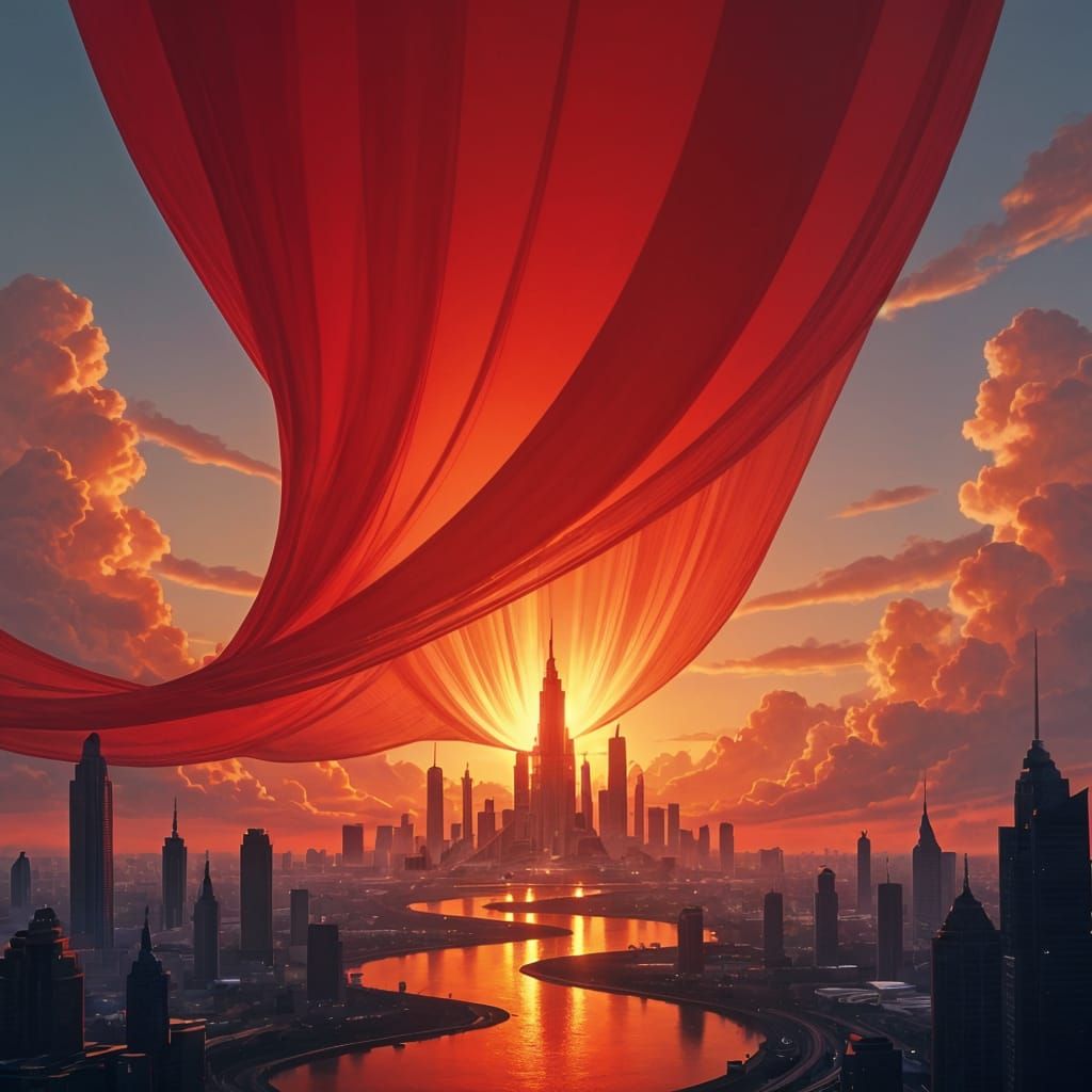 Surreal Crimson Cityscape Under Flowing Silk Sheet
