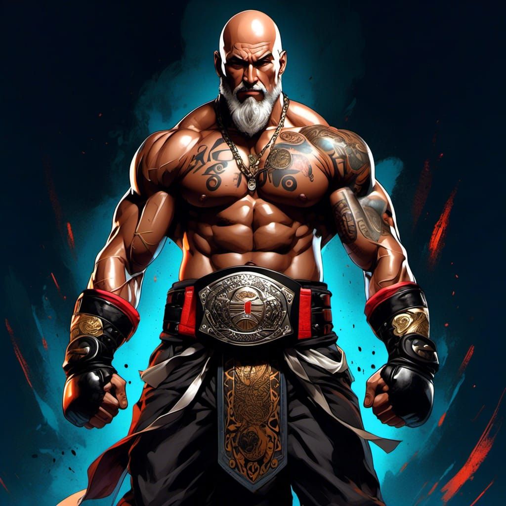 Anime Fighter with Tattoos Holding Championship Belt
