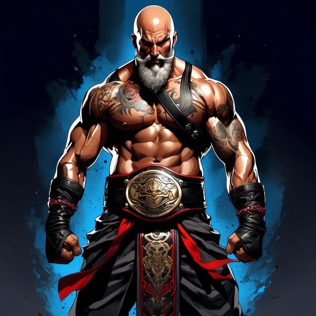 Muscular Tattooed Anime Fighter with Championship Belt