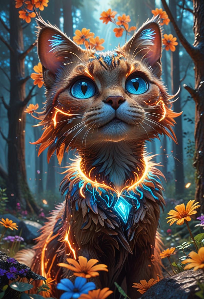 Whimsical Cat Amidst Vibrant Woodland in Pop Art Style