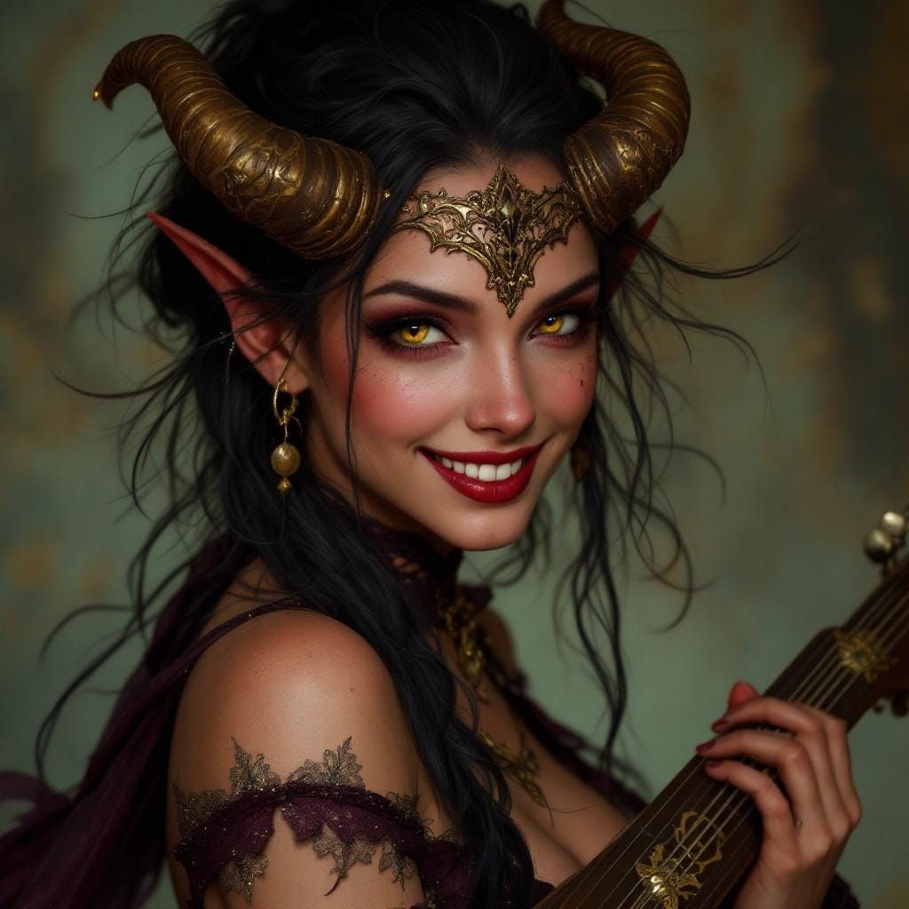 Tiefling Bard Performing with Lute and Mask