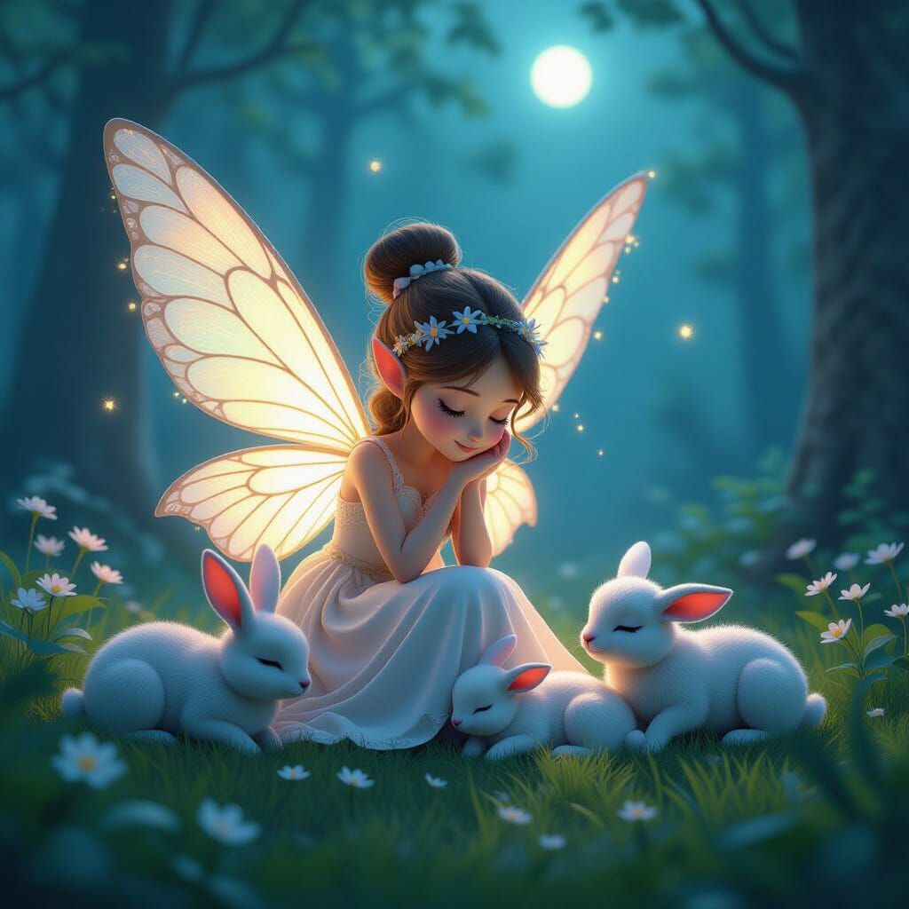 Gentle Fairy Guards Sleeping Forest Animals Under Moonlight
