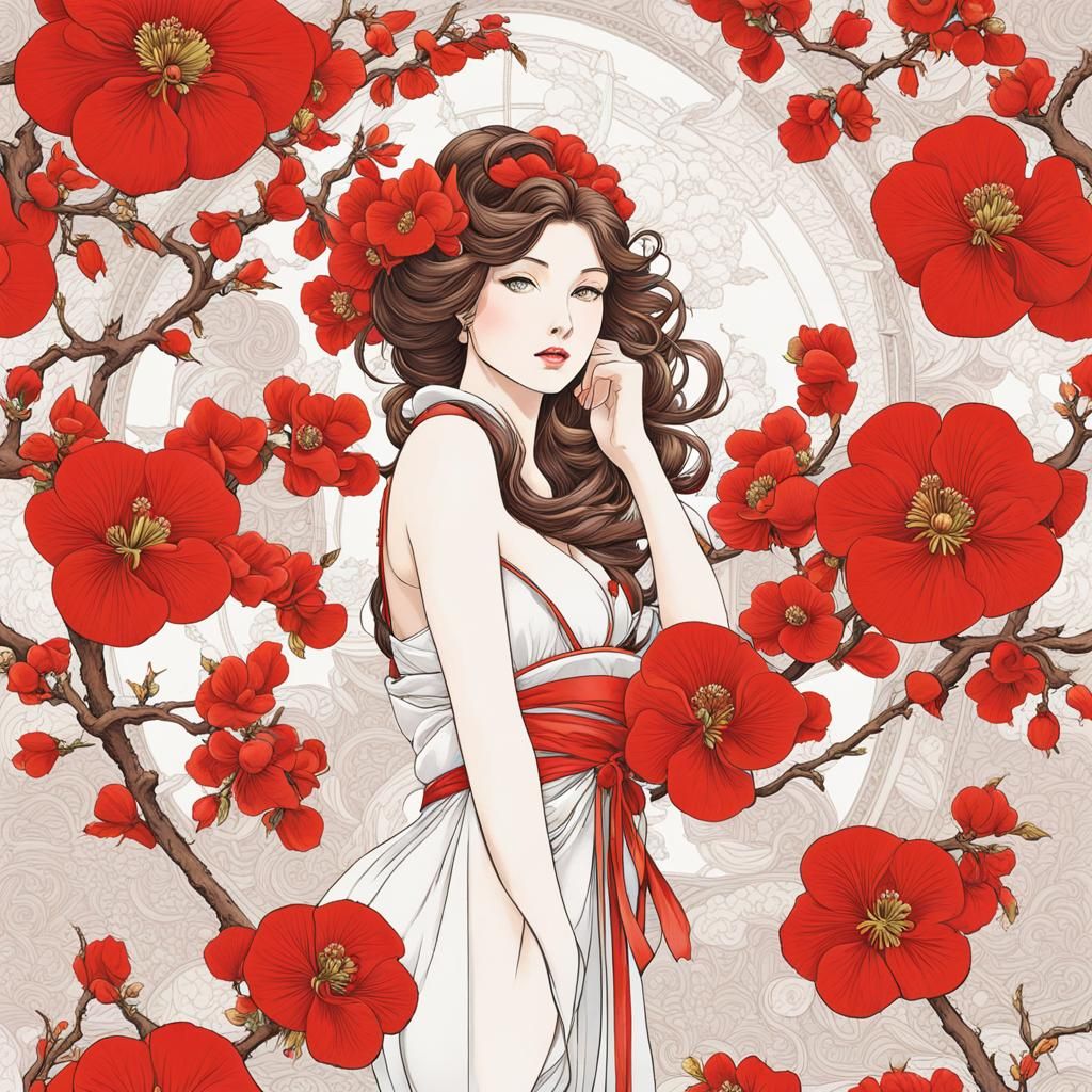 Nude with Quince Flowers in Technical Art Style