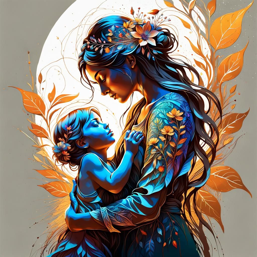 Mother and Child in Nature, Carne Griffiths Style